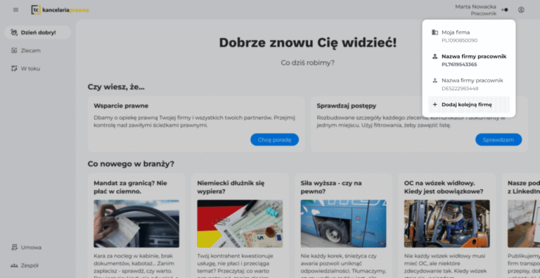 powiązanie kolejne firmy z kontem aplikacji